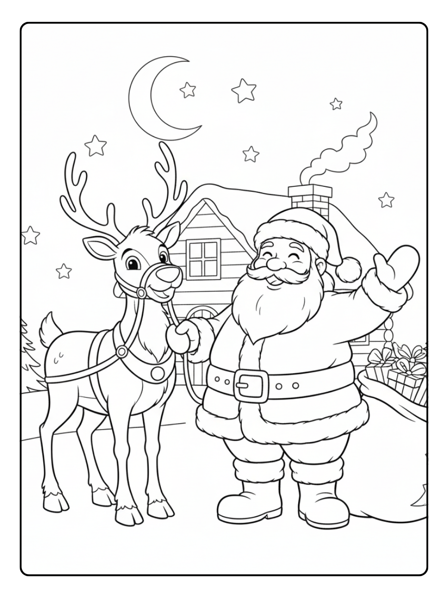 Santa Coloring Pages – Santa Claus with Reindeer