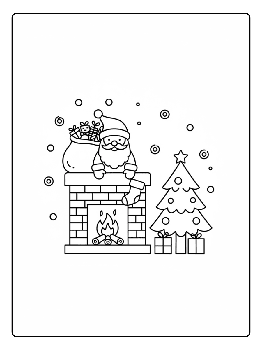 Santa Down the Chimney – Christmas Coloring Pages