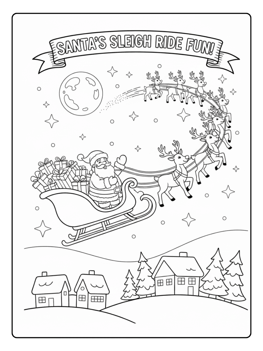 Santa Flying in Sleigh – Christmas Coloring Pages