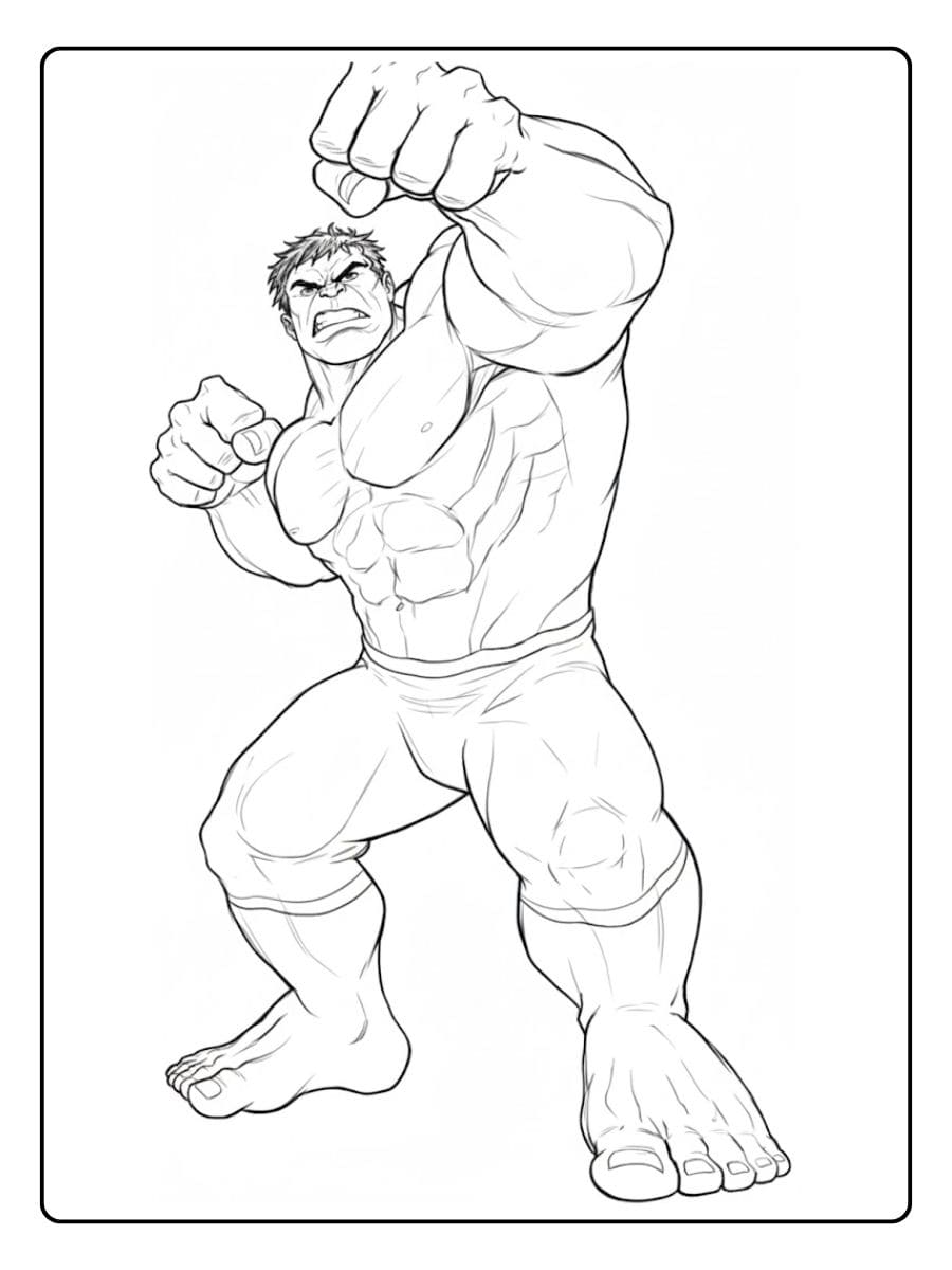 Simple Hulk Punching Pose Line Art Hulk Coloring Page