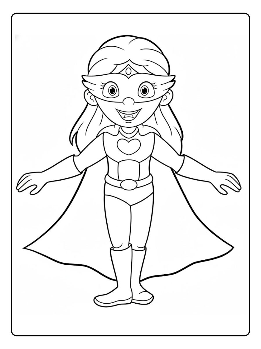 Simple Outline of a Happy Girl Superhero for coloring pages