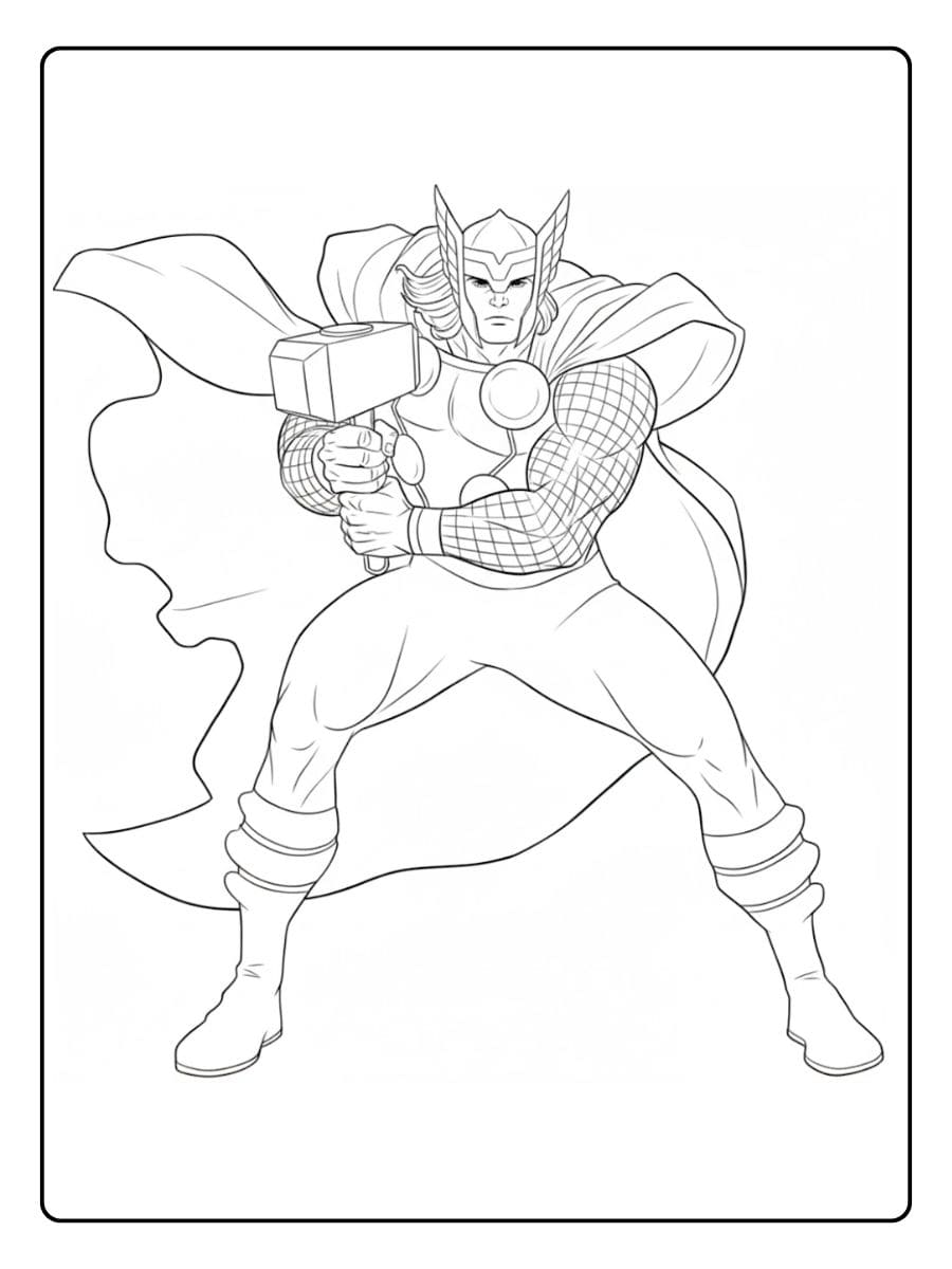 Simple Thor Coloring Pages Outline Sketch with Mjolnir