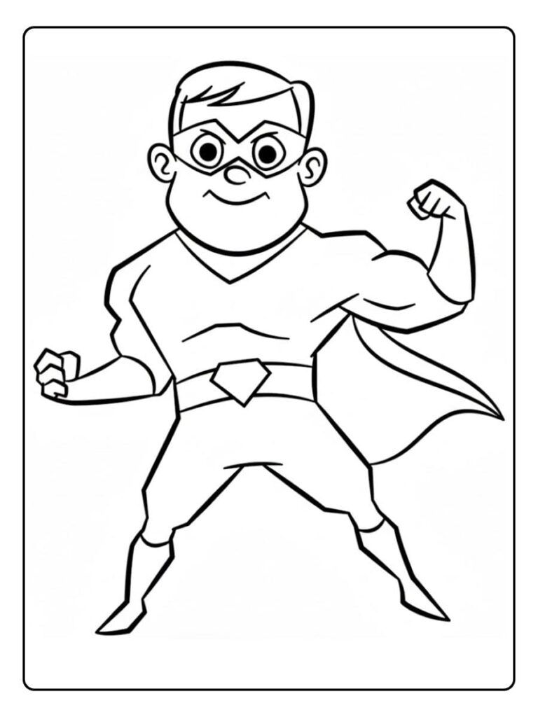 Simple line art drawing of a cheerful boy superhero flexing his muscles, suitable for superhero coloring pages