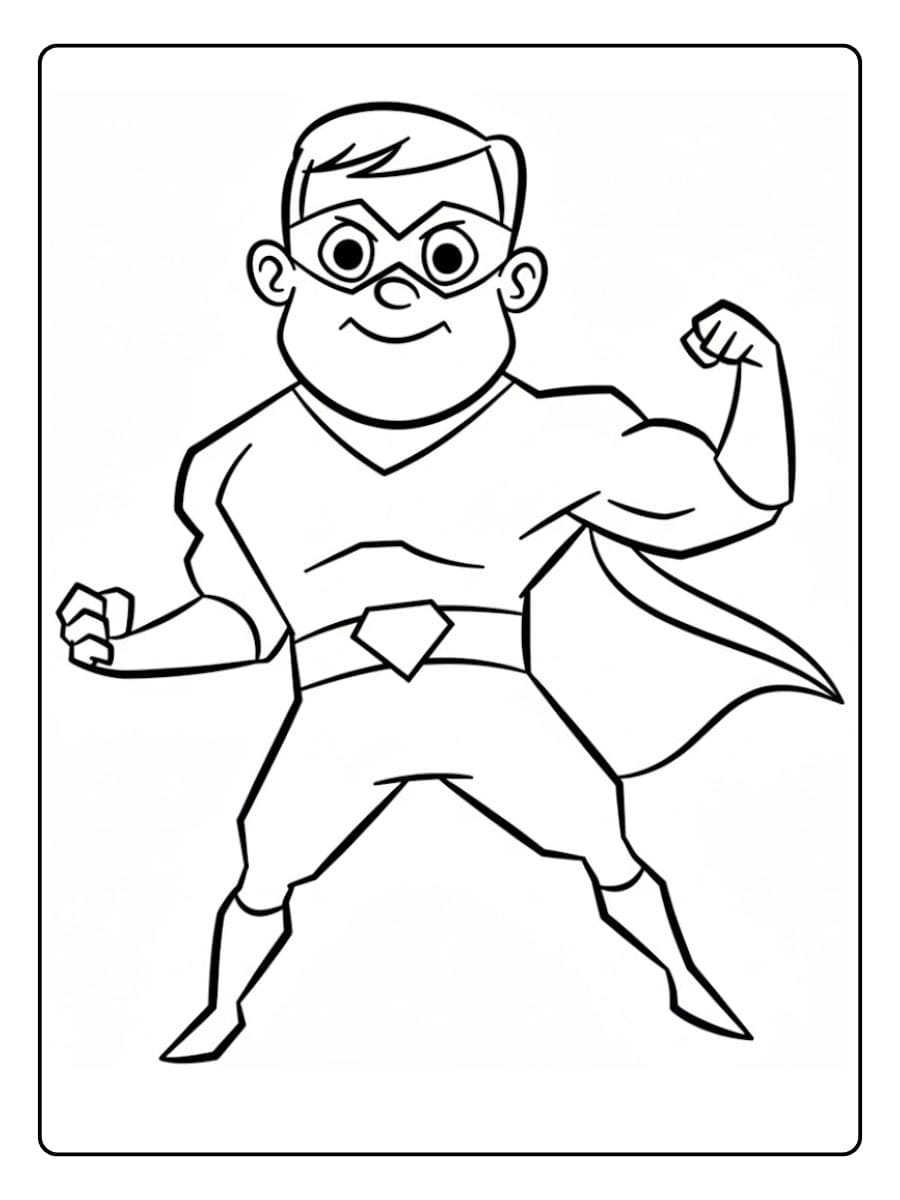 Simple line art drawing of a cheerful boy superhero flexing his muscles, suitable for superhero coloring pages