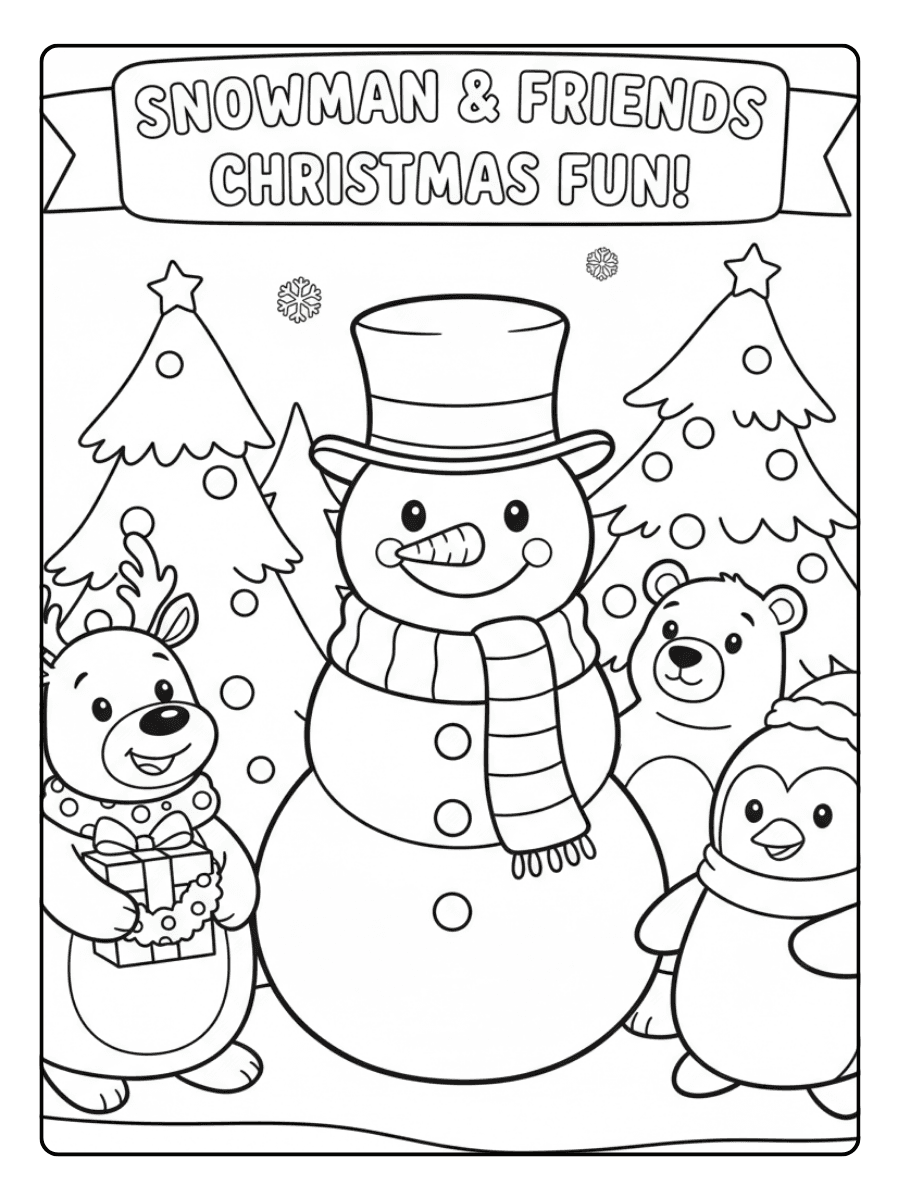 Snowman and Friends – Christmas Coloring Pages, simple