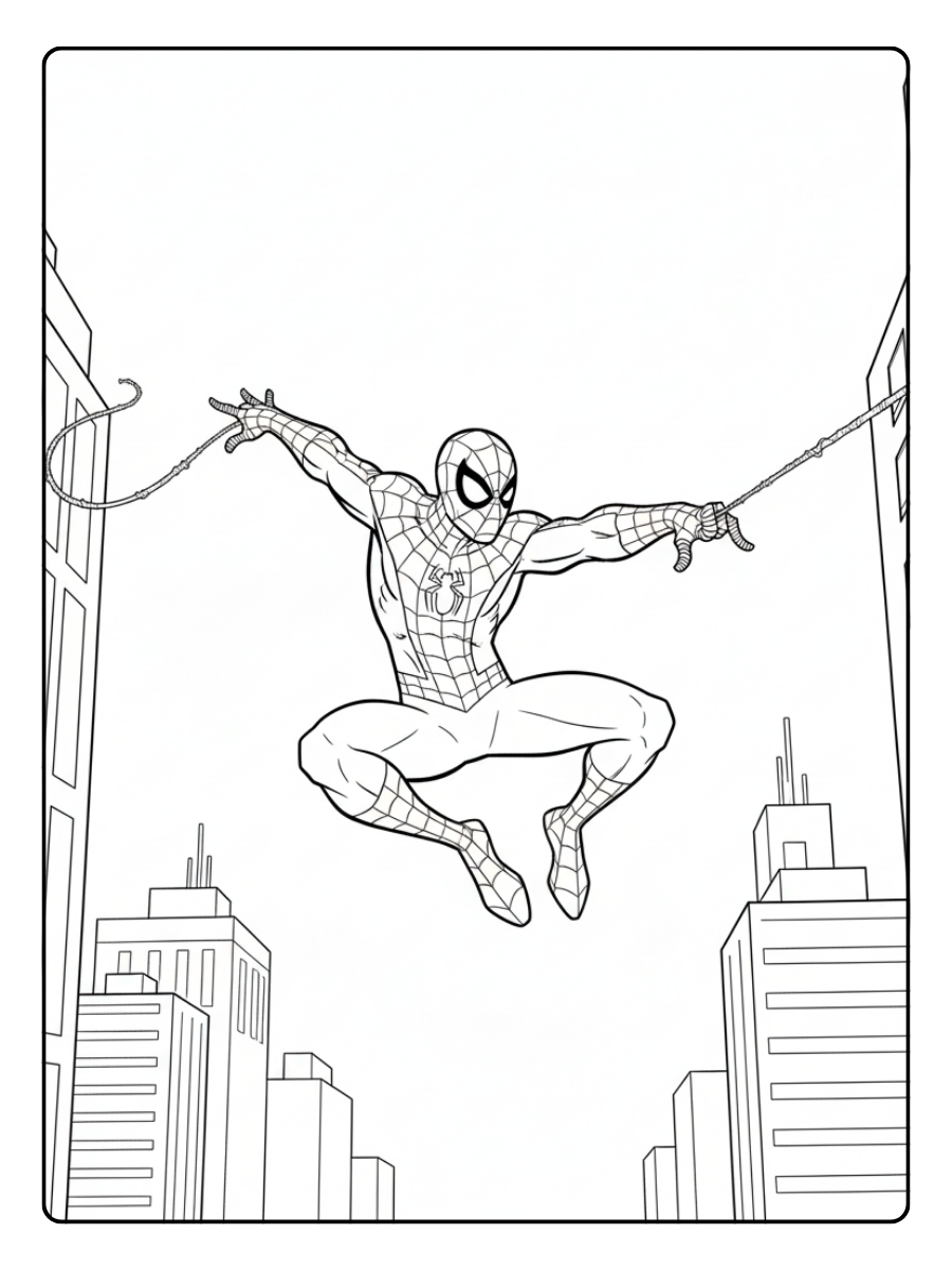 Spider Man Coloring Pages – Spider Man Jumping Between Buildings