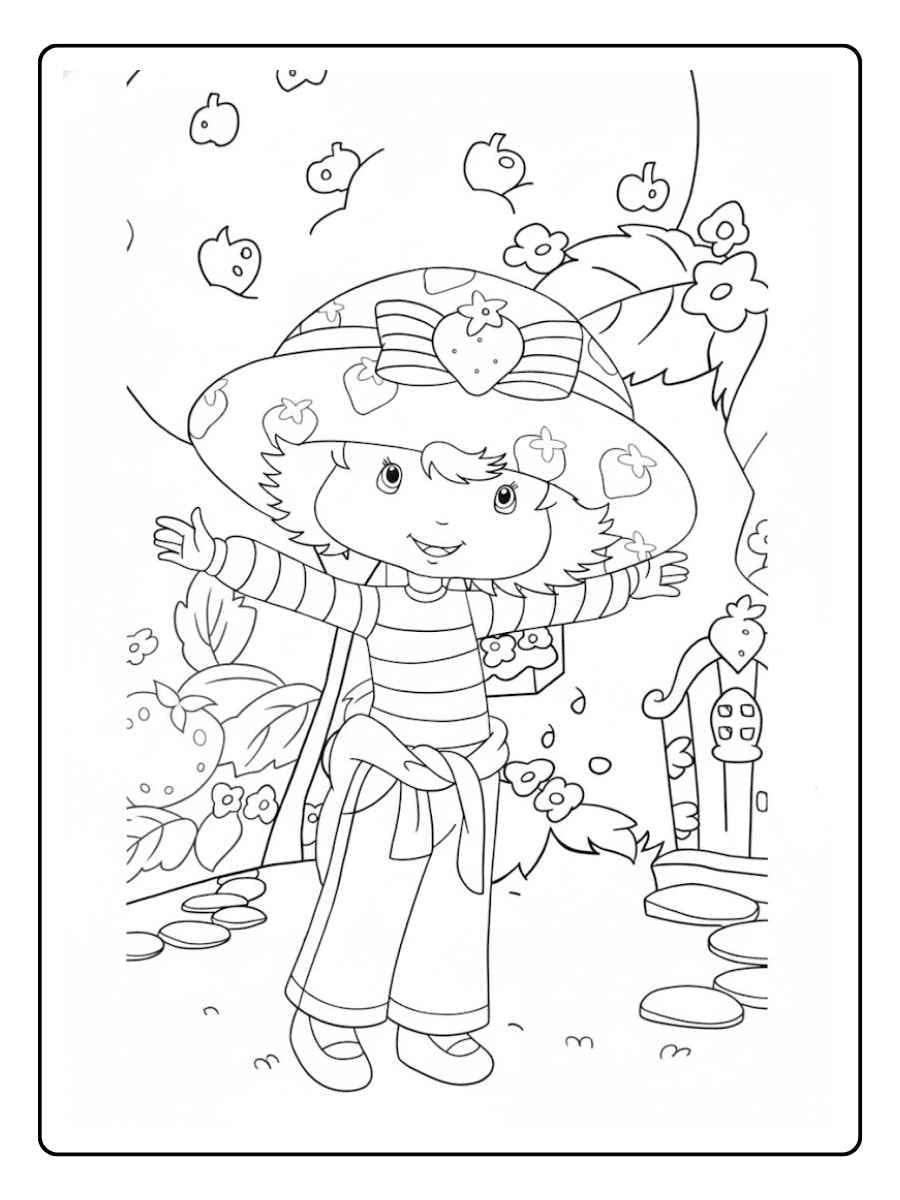 Strawberry Shortcake coloring pages Strawberry Shortcake in a garden with flowers