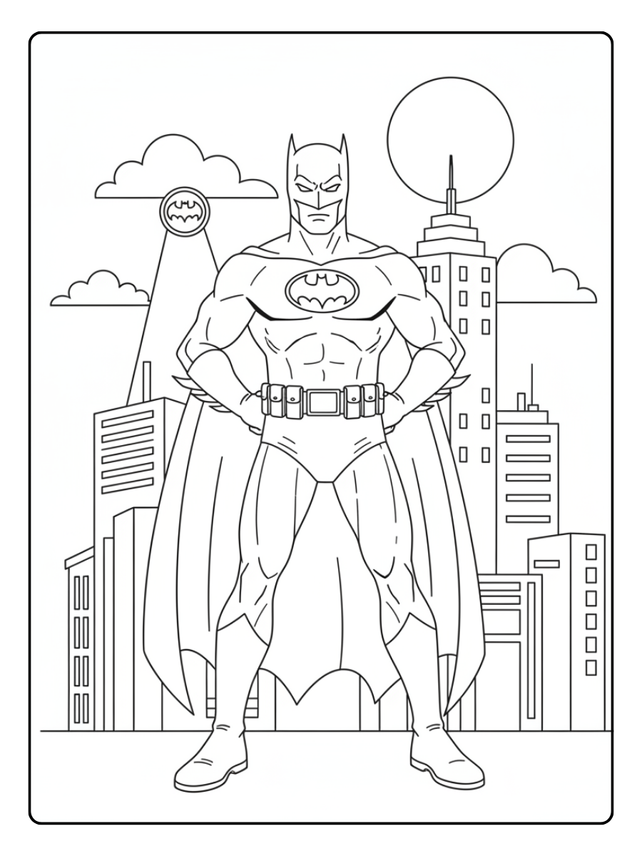 Superhero Coloring Pages – Batman Standing in Gotham