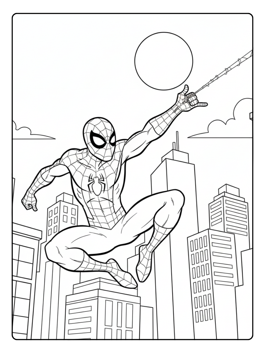 Superhero Coloring Pages – Spider Man Web Swinging