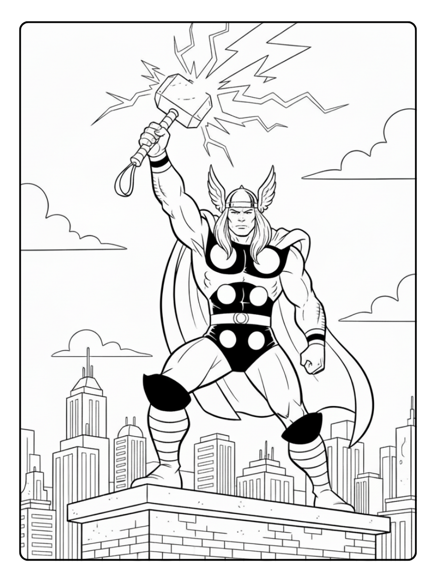 Superhero Coloring Pages – Thor with Hammer Lightning