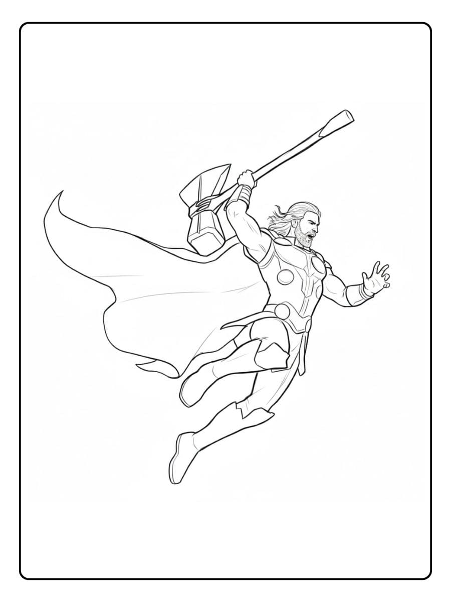 Thor Flying with Stormbreaker Simple Outline for Coloring Pages