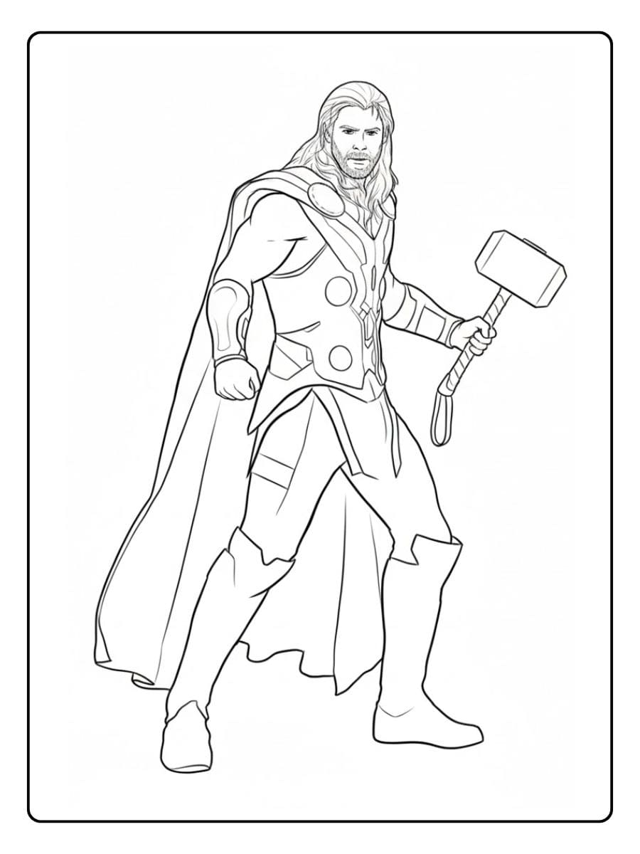 Thor with Mjolnir Free Printable Marvel Coloring Pages