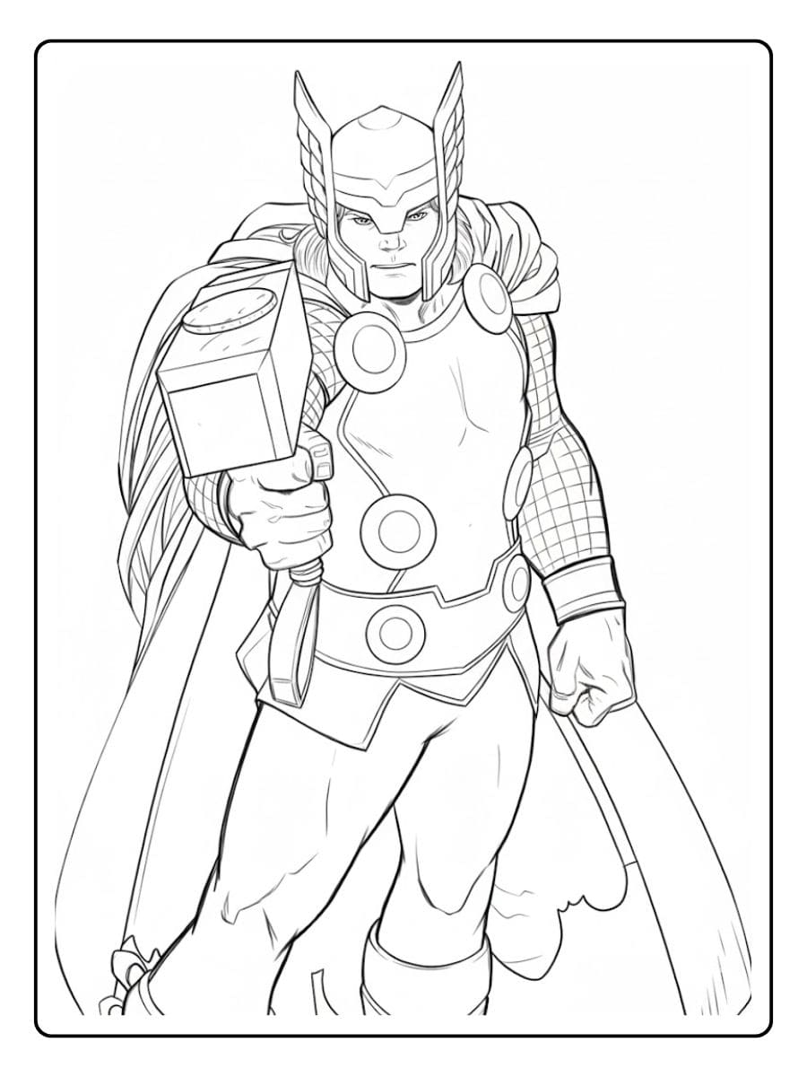 Thor with Mjolnir Marvel Coloring Pages for Kids