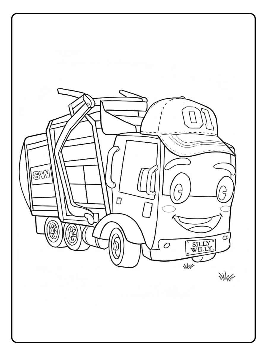 Trash truck coloring pages with cute cartoon garbage truck