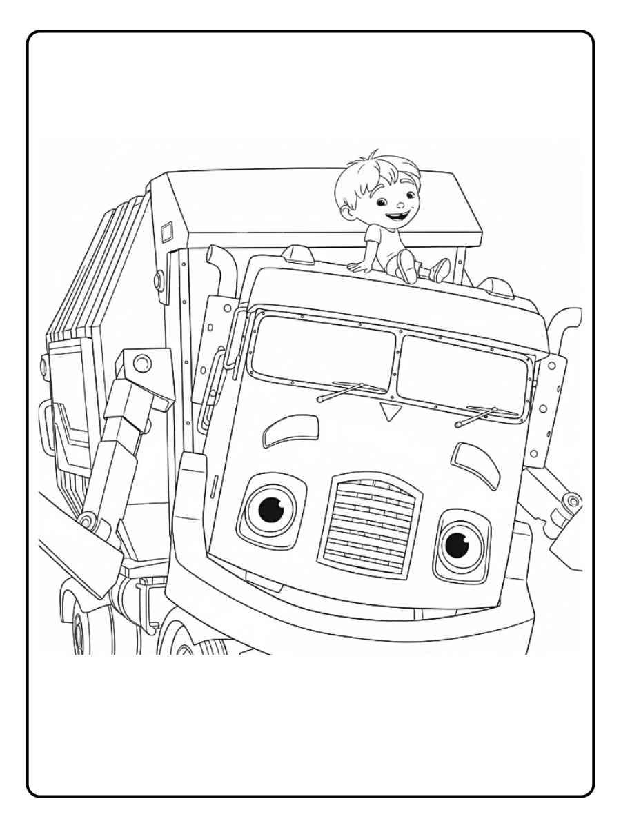 Trash truck coloring pages with driver in the cab