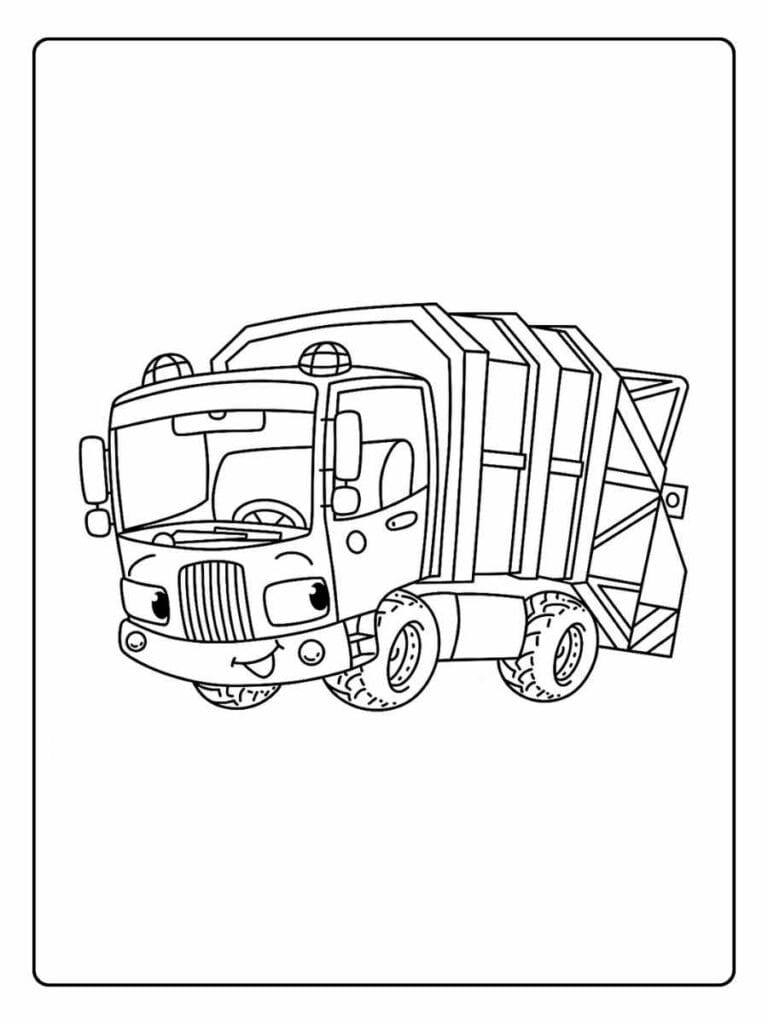 Trash truck coloring pages with smiling recycling truck