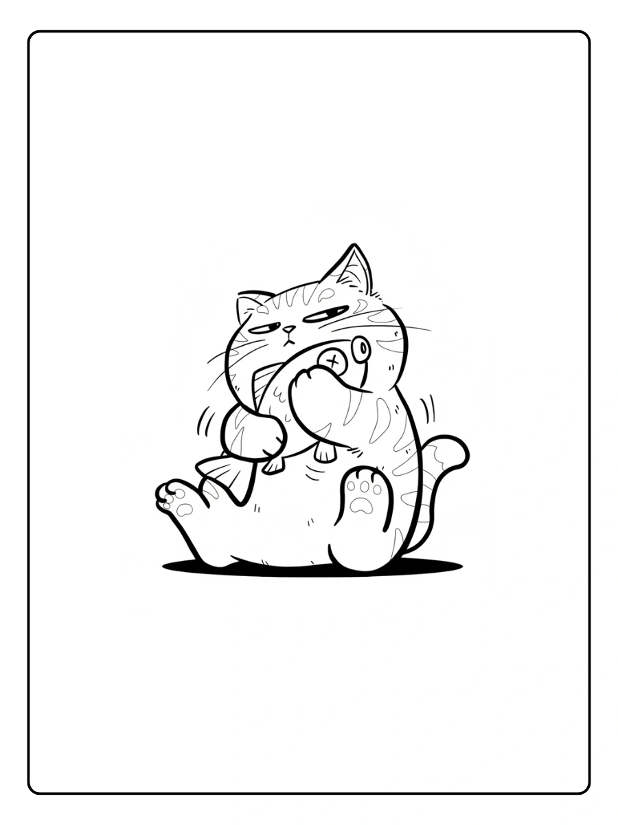 Cute Cat Coloring Pages – Cute Cat Holding Fish