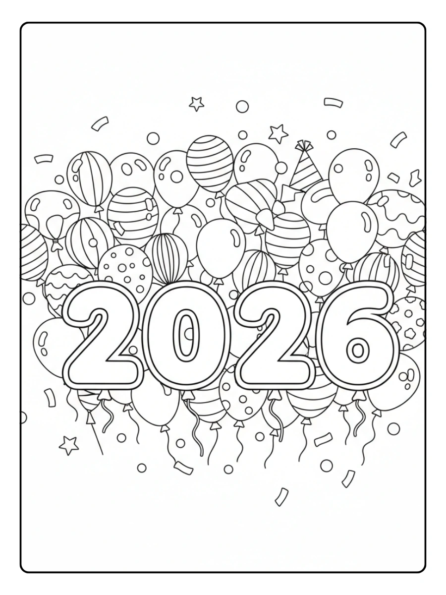 2026 Coloring Pages – 2026 Balloons and Confetti