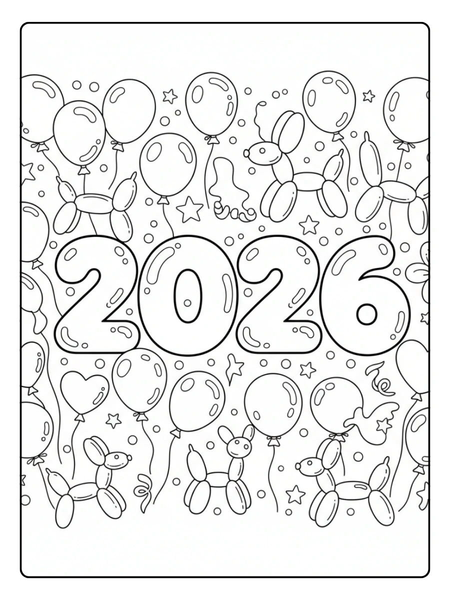 2026 Coloring Pages – 2026 with Balloons Border