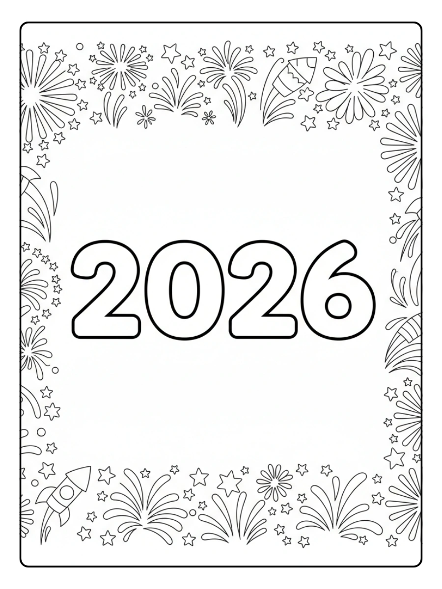 2026 Coloring Pages – 2026 with Fireworks Frame