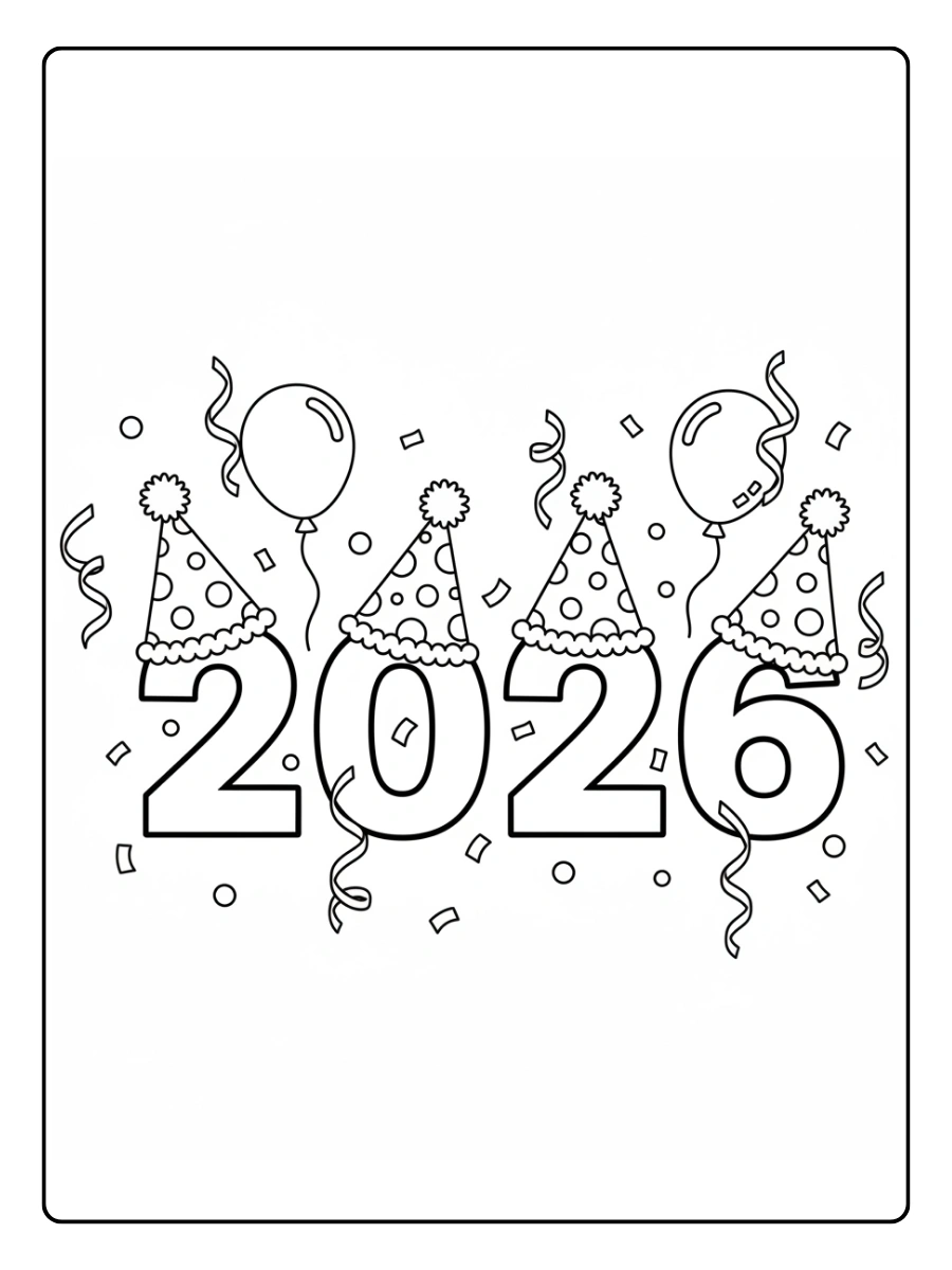 2026 Coloring Pages – 2026 with Party Hats