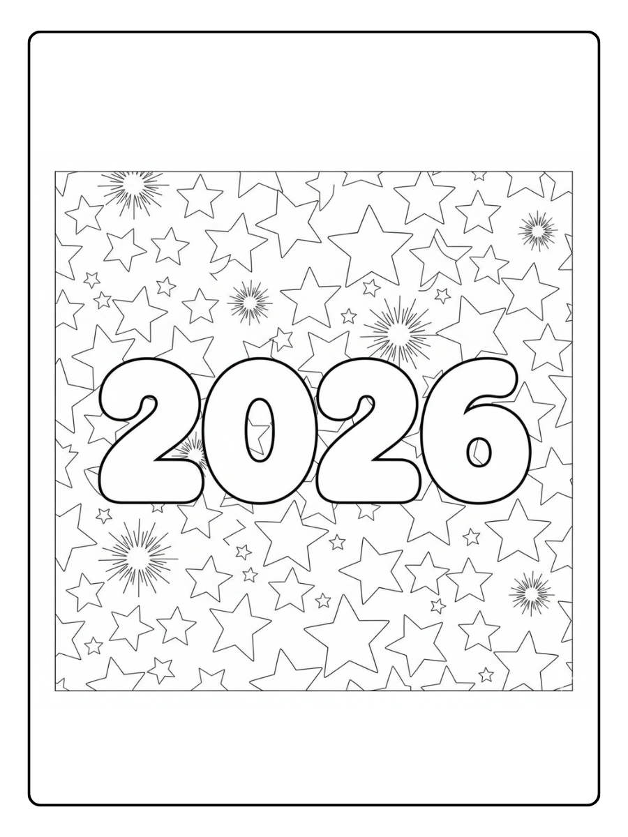 2026 Coloring Pages – 2026 with Stars Background