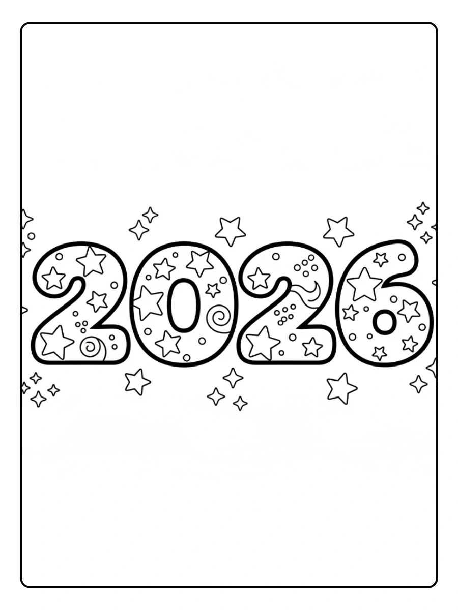2026 Coloring Pages – 2026 with Stars and Sparkles