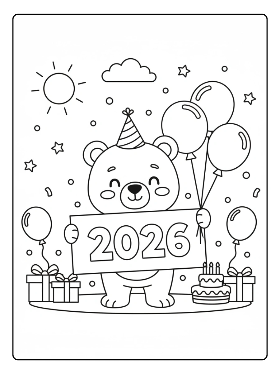 2026 Coloring Pages – Cute Bear Celebrating 2026