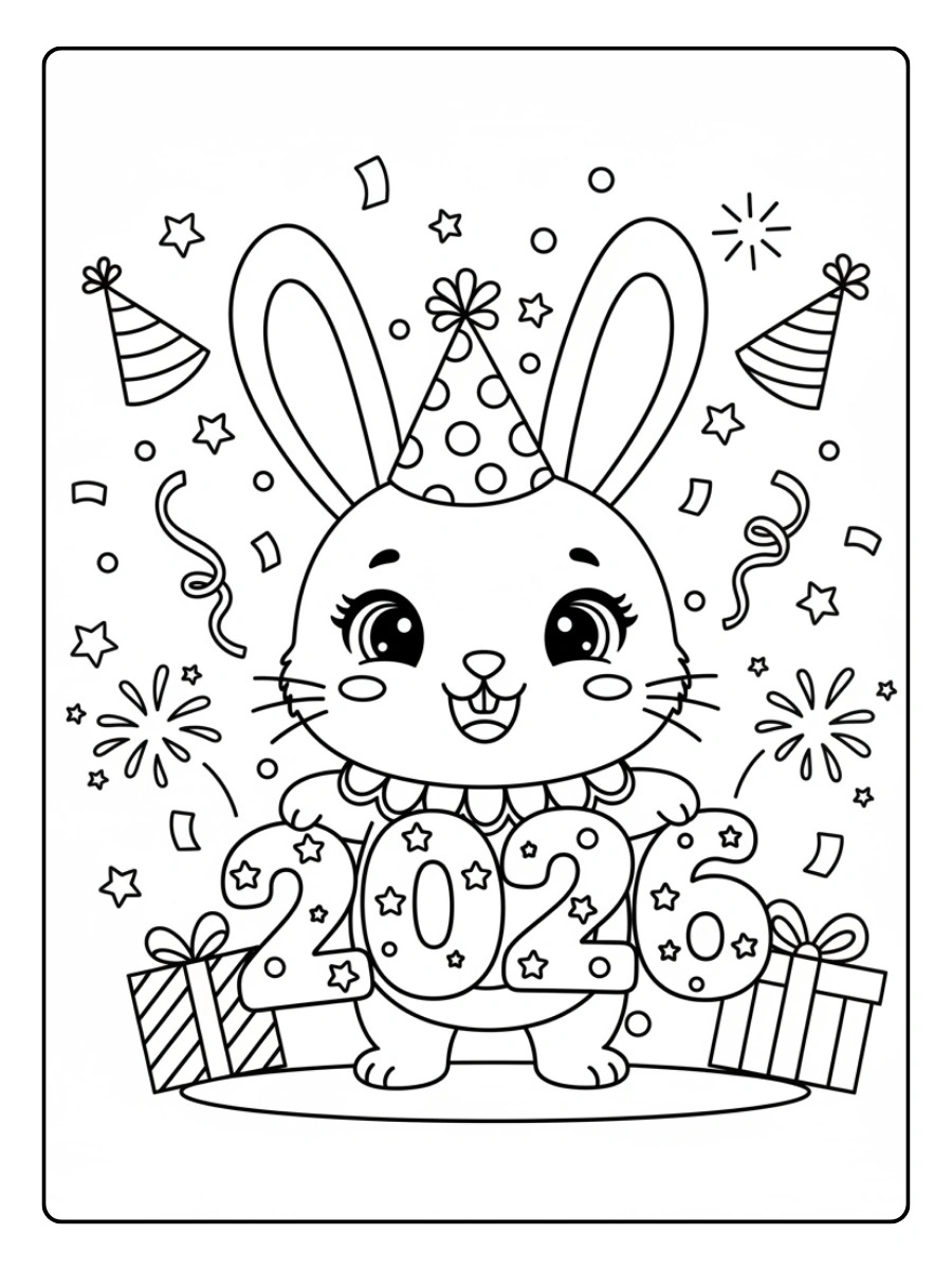 2026 Coloring Pages – Cute Bunny Happy 2026
