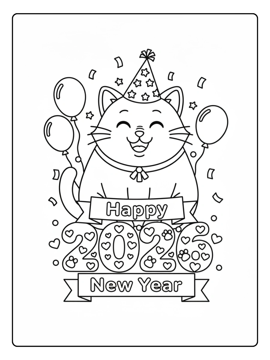2026 Coloring Pages – Cute Cat Happy 2026