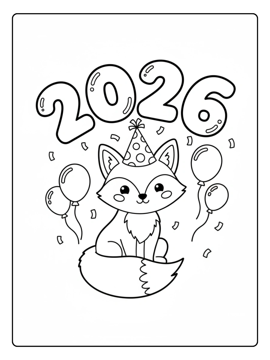 2026 Coloring Pages – Cute Fox Happy 2026