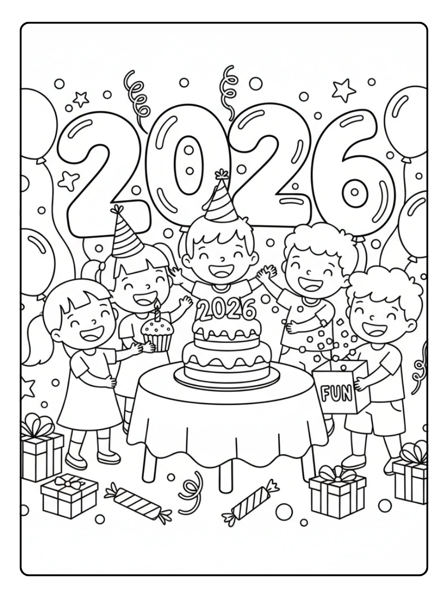2026 Coloring Pages – Cute Kids Party 2026