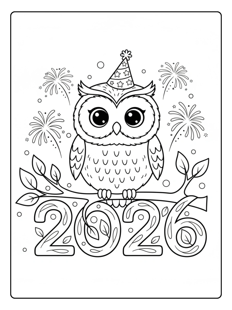 2026 Coloring Pages – Cute Owl New Year 2026