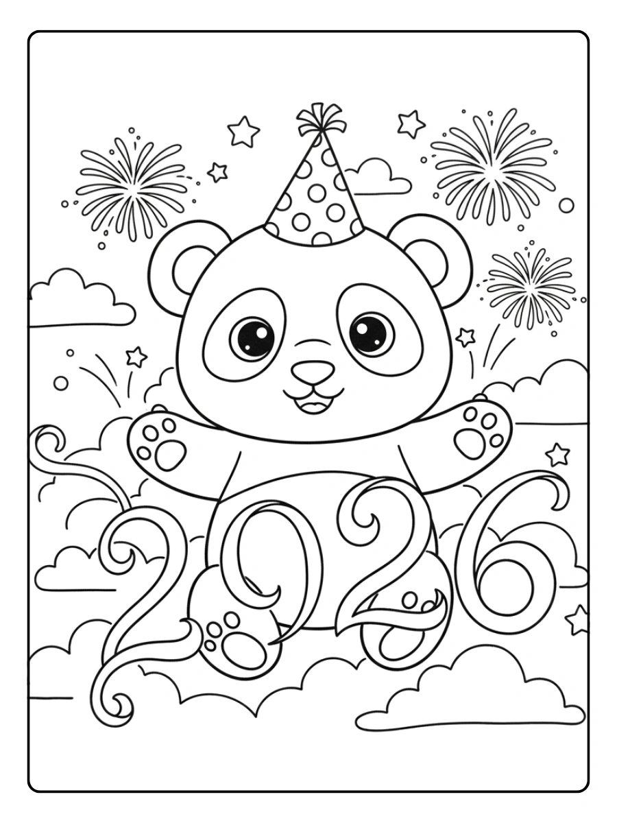 2026 Coloring Pages – Cute Panda Welcoming 2026