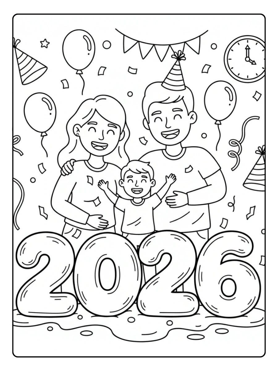 2026 Coloring Pages – Family New Year 2026
