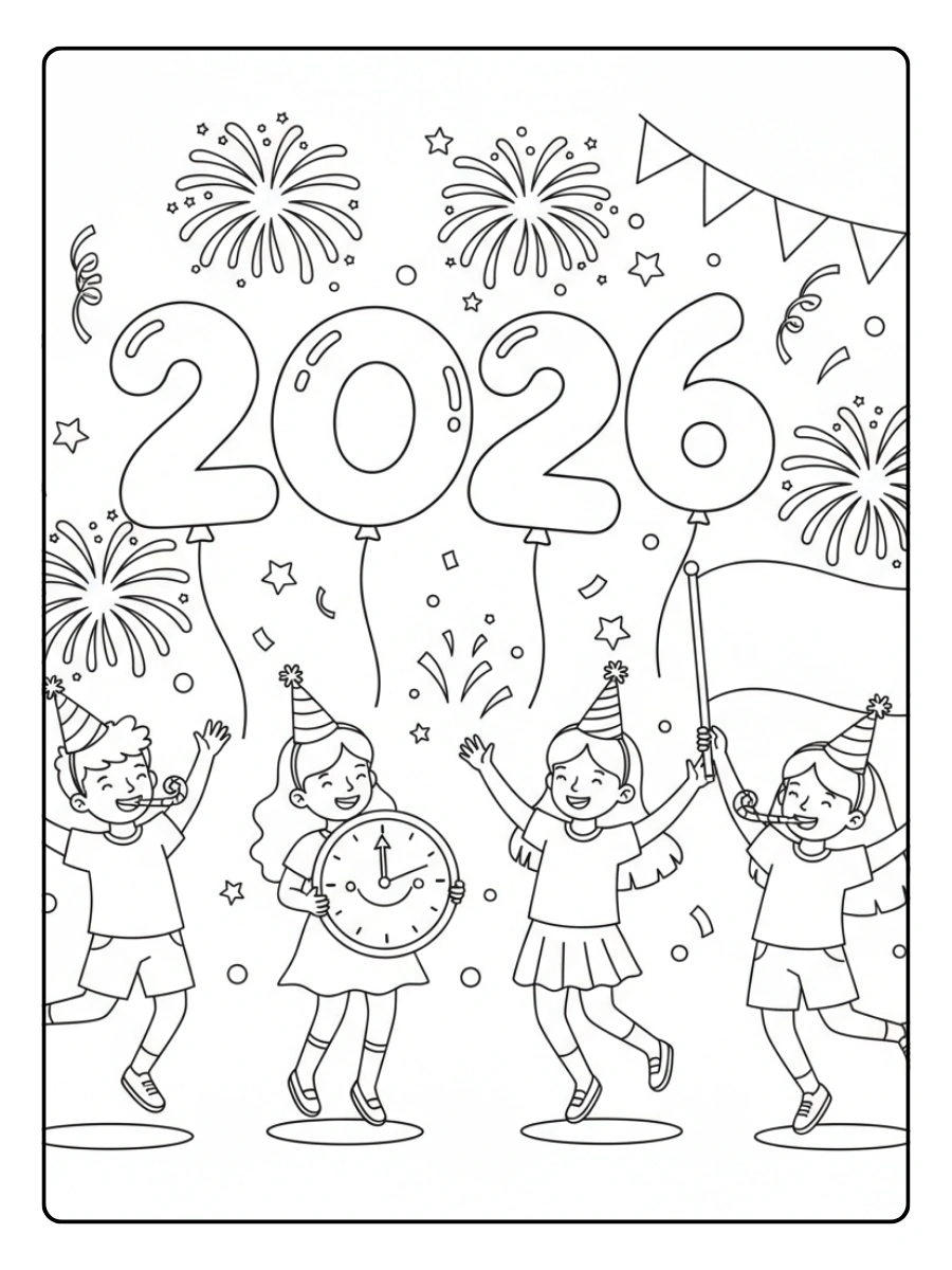 2026 Coloring Pages – Kids Celebrating New Year 2026