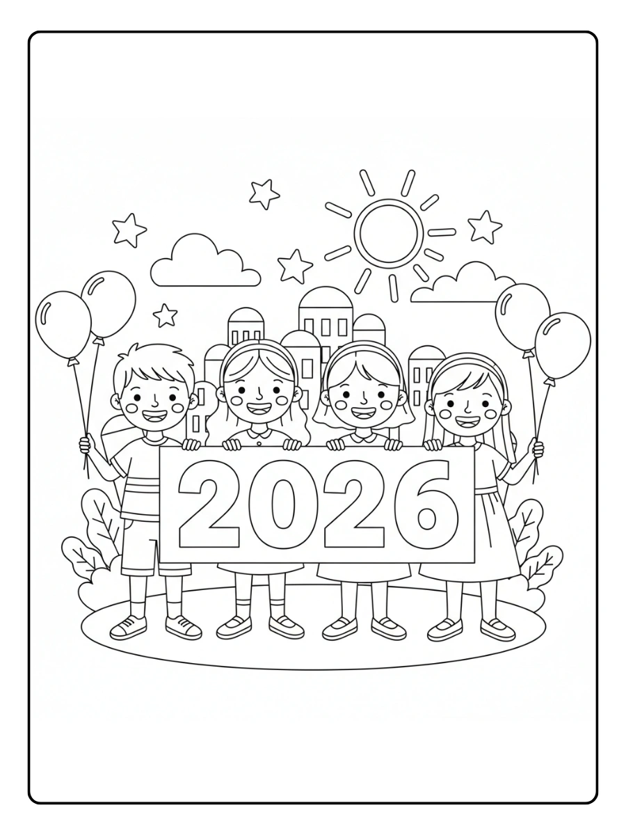 2026 Coloring Pages – Kids Holding 2026 Sign