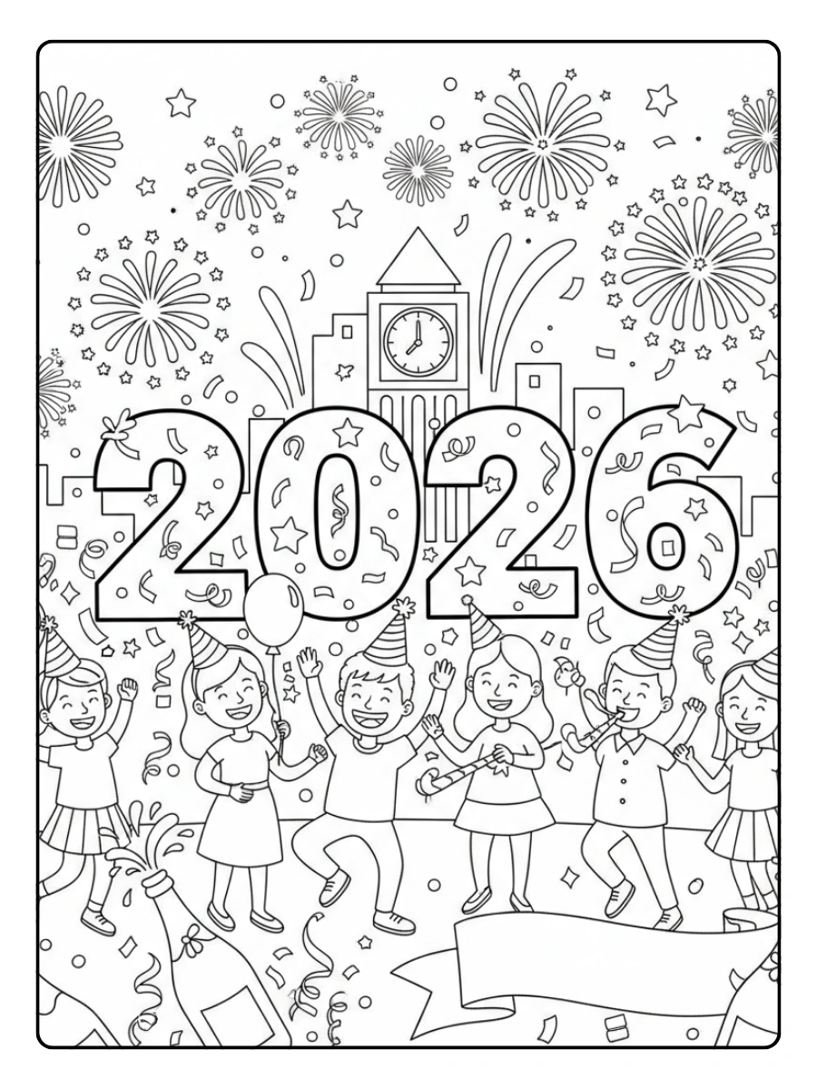 2026 Coloring Pages – New Year Eve 2026 Scene