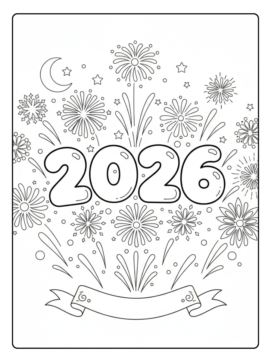 2026 Coloring Pages – New Year Fireworks 2026