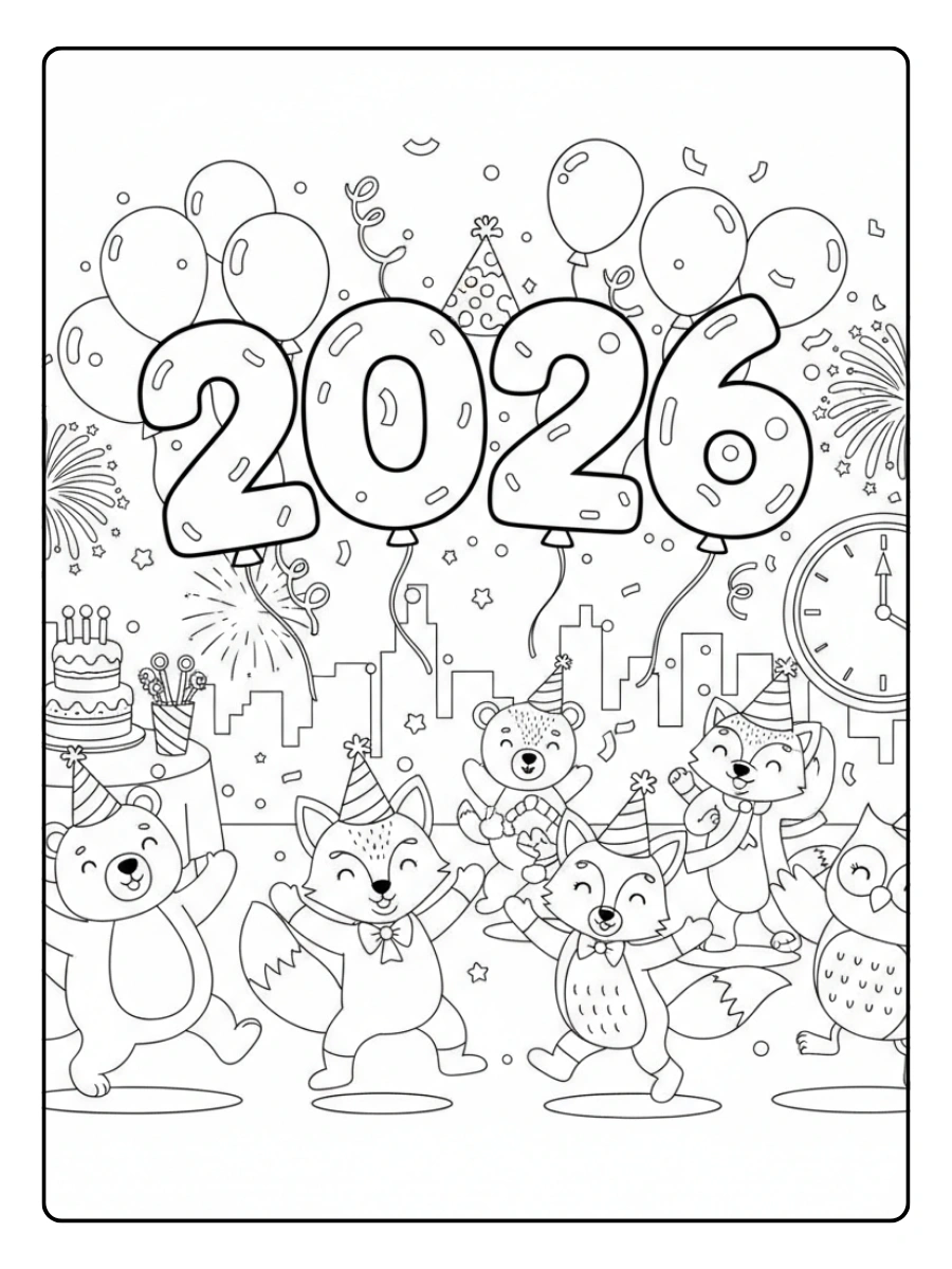 2026 Coloring Pages – New Year Party 2026 Scene
