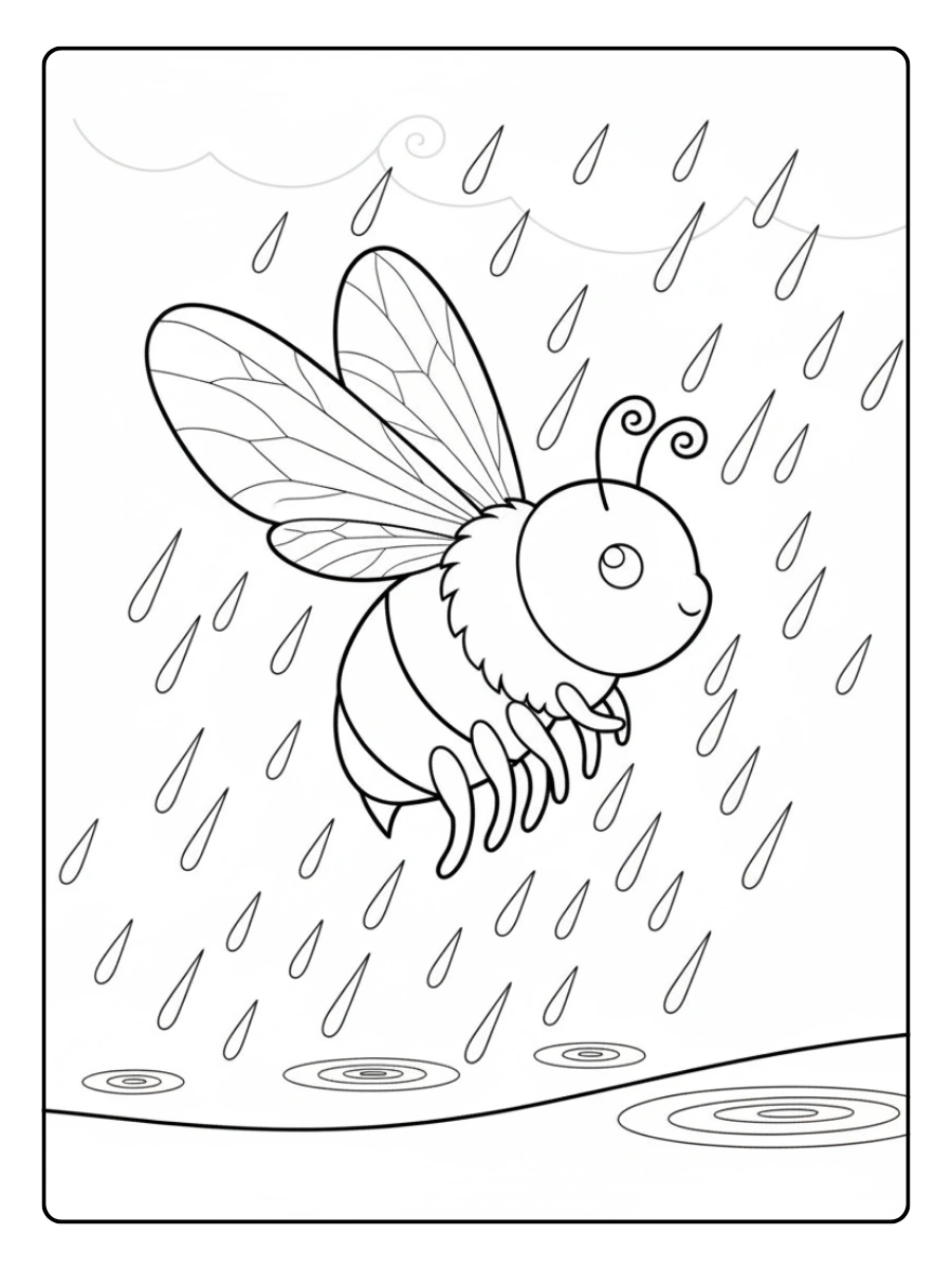 Bee Coloring Pages – Bee Flying in Rain