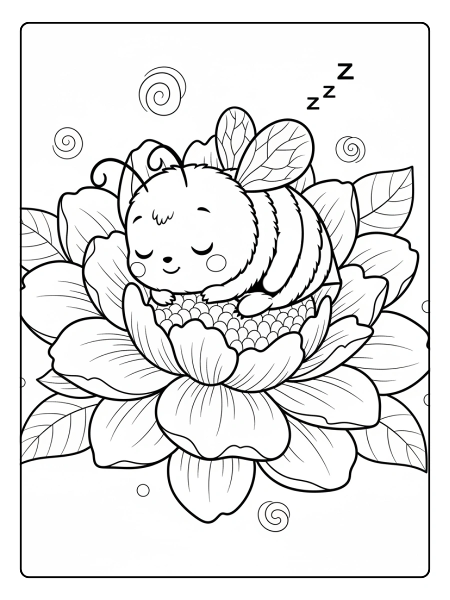 Bee Coloring Pages – Bee Sleeping on Flower