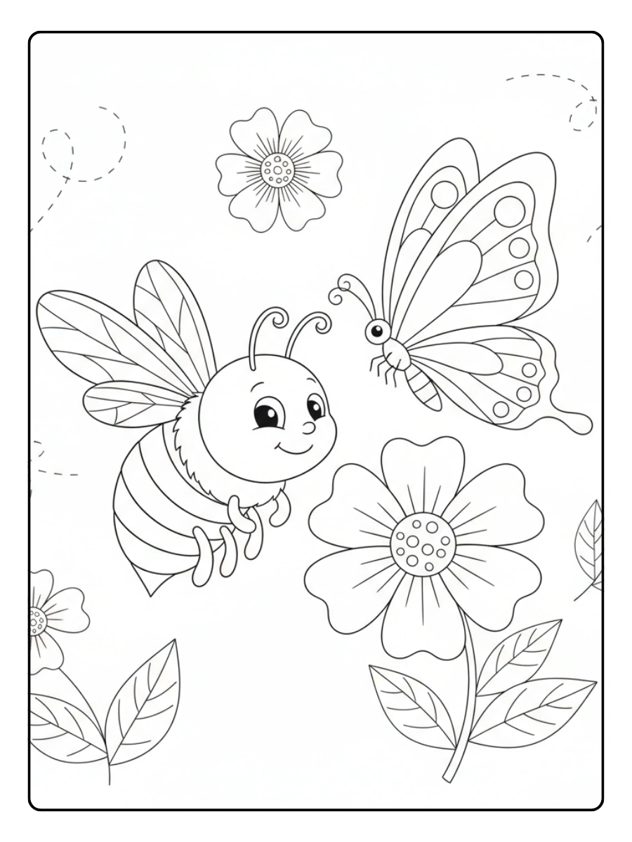 Bee Coloring Pages – Bee with Butterfly Friend
