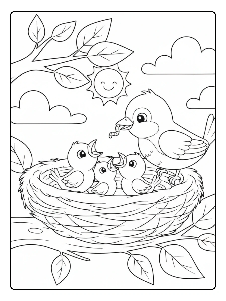Bird Coloring Pages – Bird Feeding Chicks