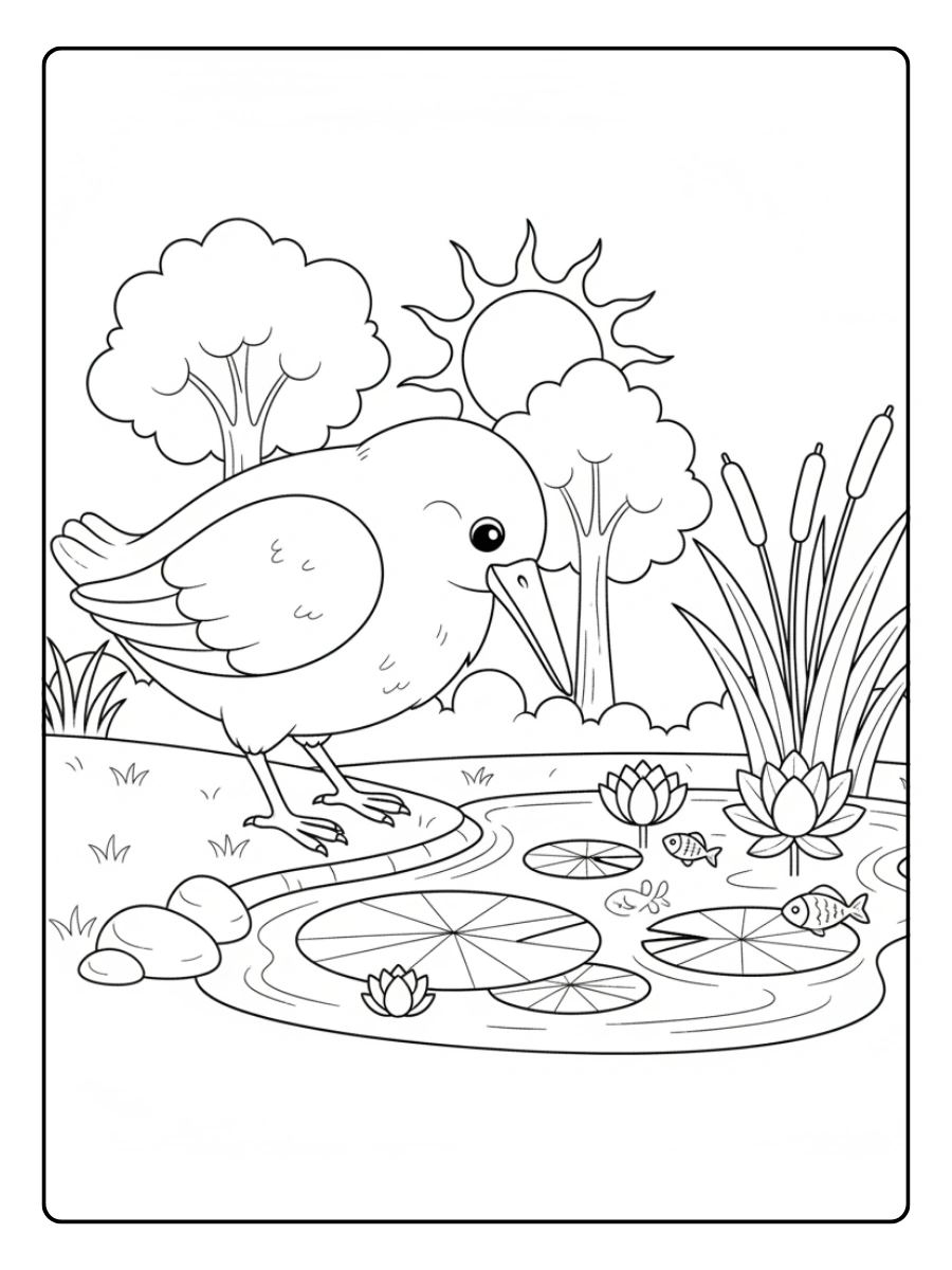 Bird Coloring Pages – Bird at Pond