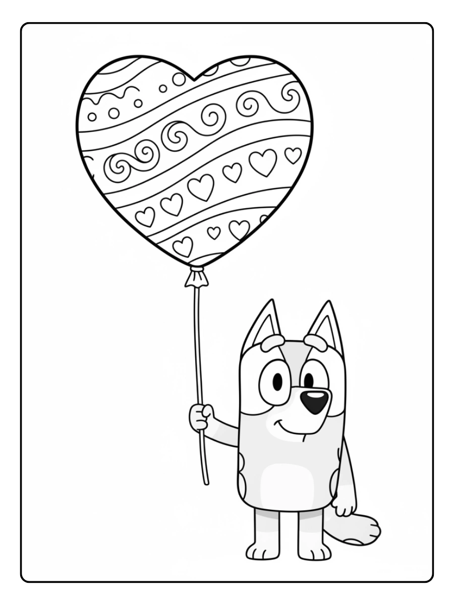 Bluey Valentines Coloring Pages – Bluey Holding Heart Balloon