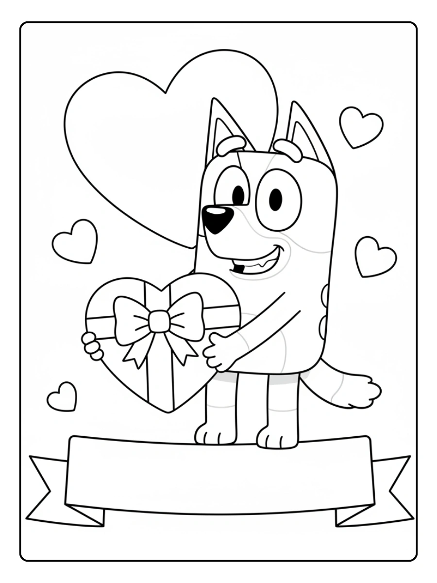 Bluey Valentines Coloring Pages – Bluey Smiling with Hearts