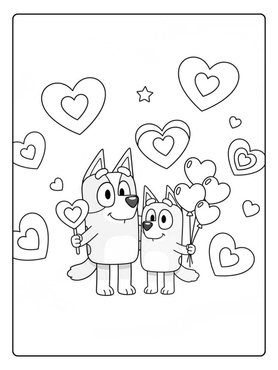 Bluey Valentines Coloring Pages – Bluey and Bingo Hearts
