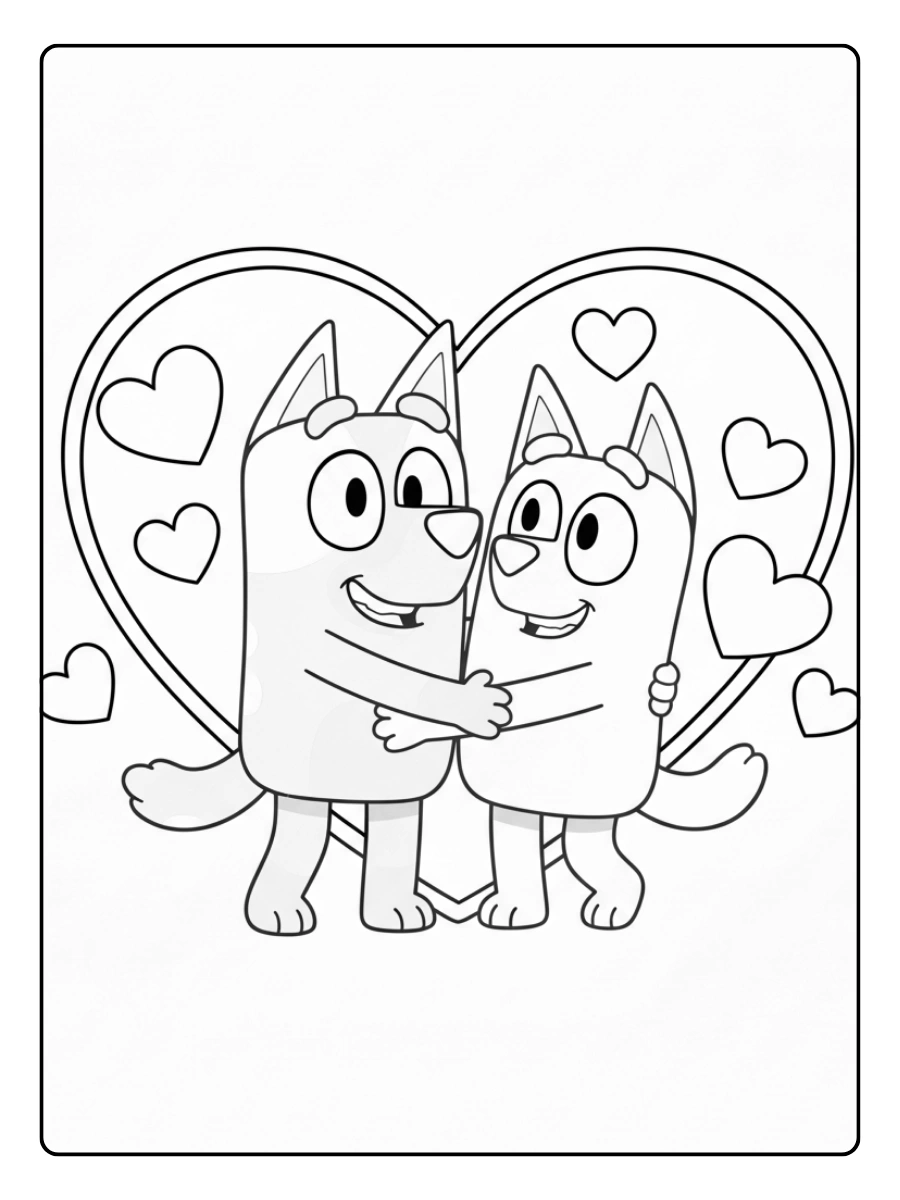 Bluey Valentines Coloring Pages – Bluey and Bingo Hugging
