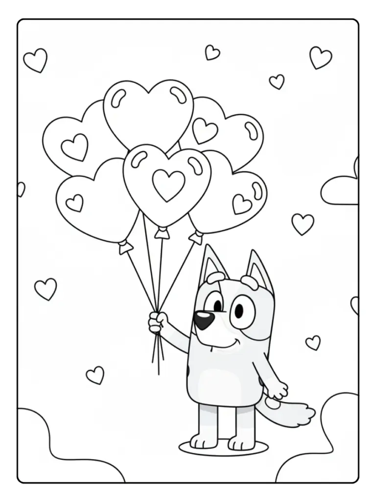 Bluey Valentines Coloring Pages – Bluey with Love Balloons